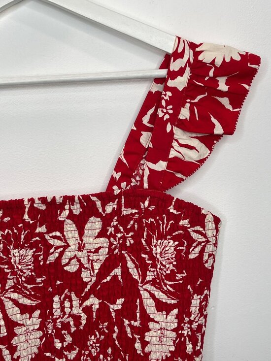 Old Navy Smocked Floral Crop Top Red Cream Size L Tall Boho Cottagecore - Picture 7 of 10